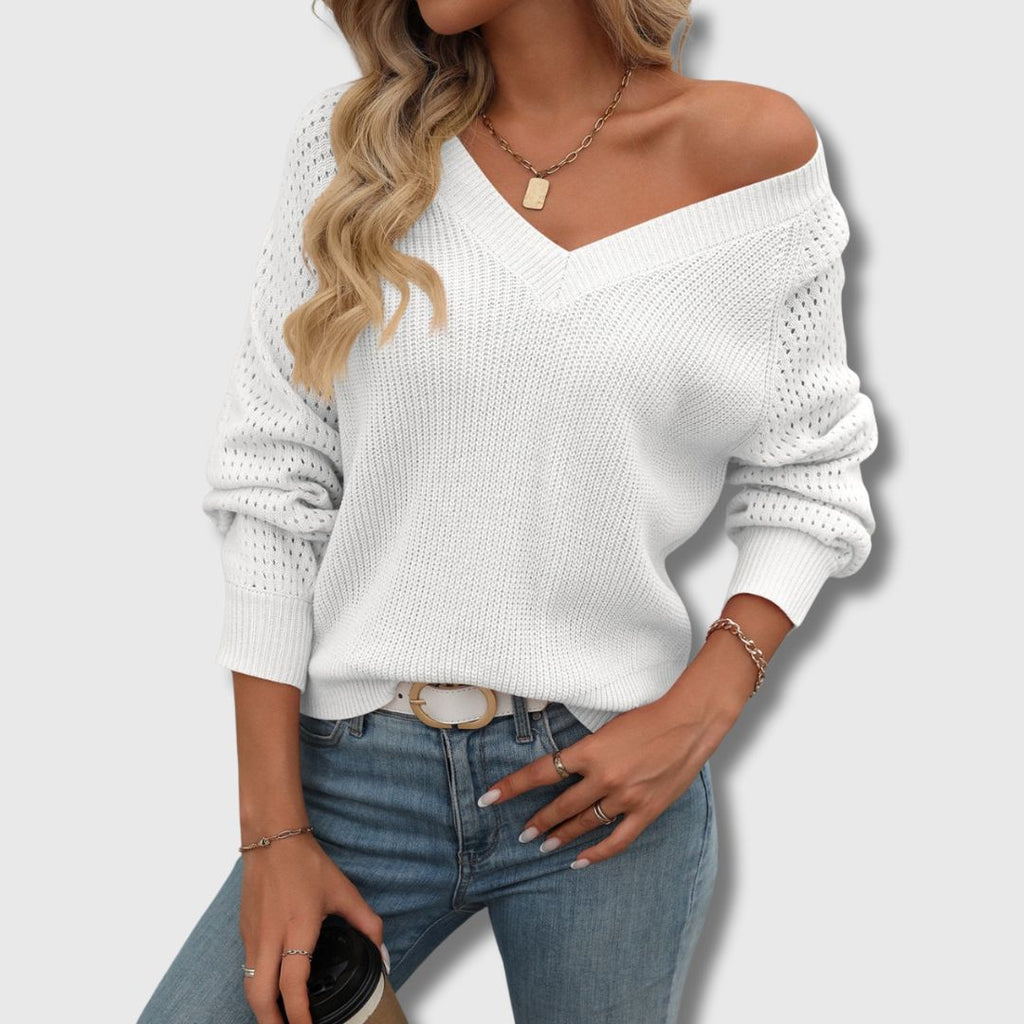 Women's Knit V-Neck Sweater with Openwork Sleeves Design
