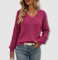 Women's Knit V-Neck Sweater with Openwork Sleeves Design