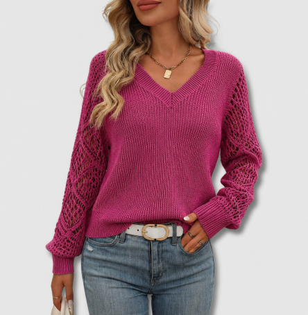 Women's Knit V-Neck Sweater with Openwork Sleeves Design