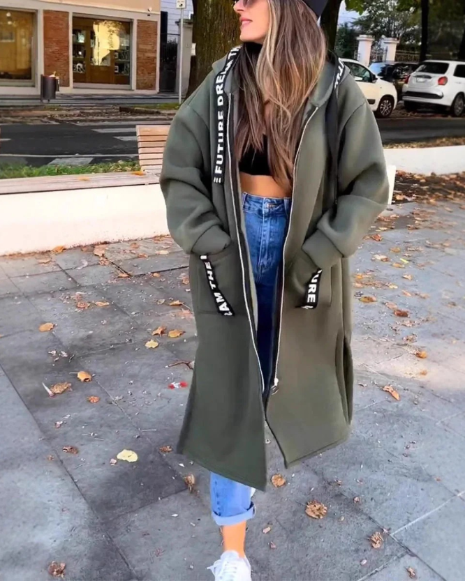 Women's Long Hooded Zip Sweatshirt for Autumn Winter Wear