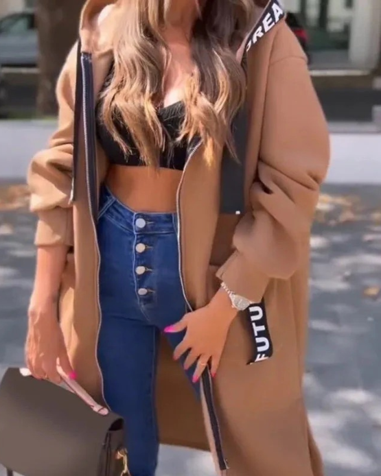 Women's Long Hooded Zip Sweatshirt for Autumn Winter Wear