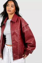 Women's Oversized Zip Front Jacket with Collared Neck