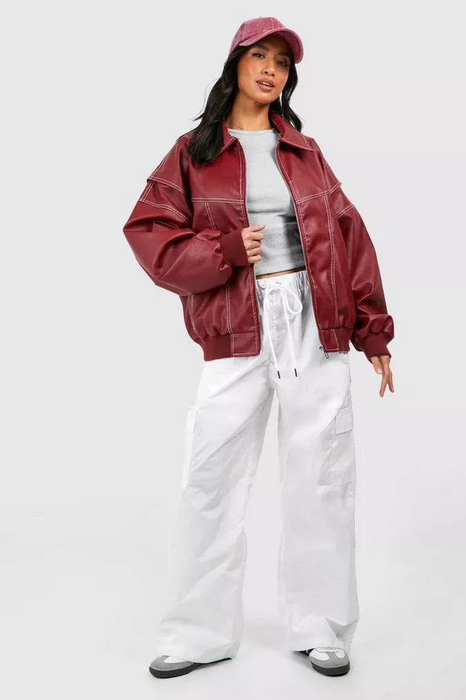 Women's Oversized Zip Front Jacket with Collared Neck