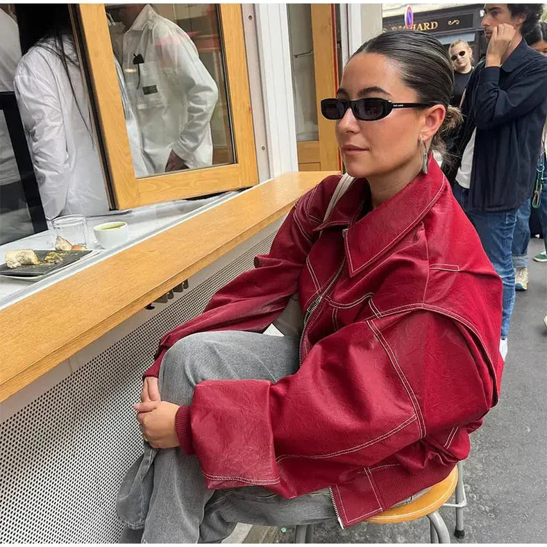 Women's Oversized Zip Front Jacket with Collared Neck