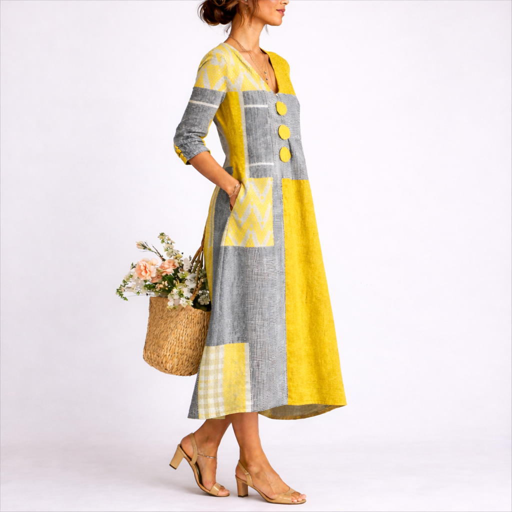 Women's Patchwork Midi Dress for Elegant Summer Outings