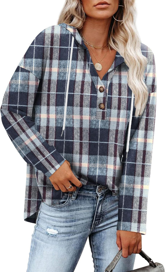 Women's Plaid Hooded Pullover Top for Autumn Winter