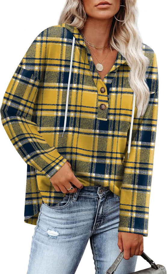 Women's Plaid Hooded Pullover Top for Autumn Winter