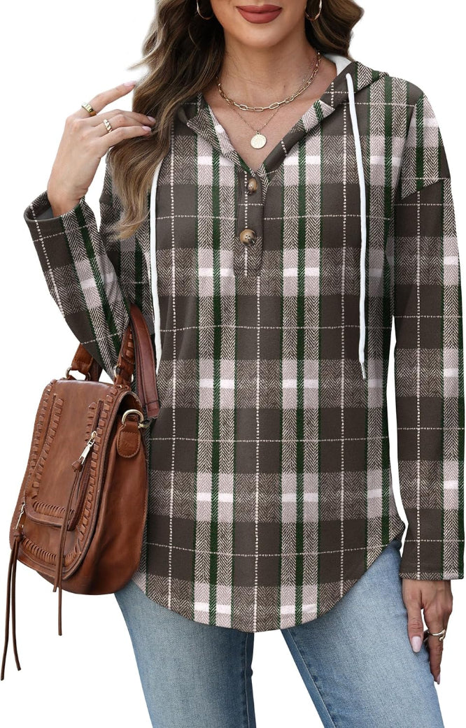 Women's Plaid Hooded Pullover Top for Autumn Winter
