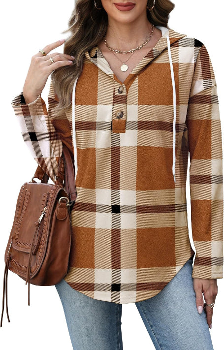 Women's Plaid Hooded Pullover Top for Autumn Winter
