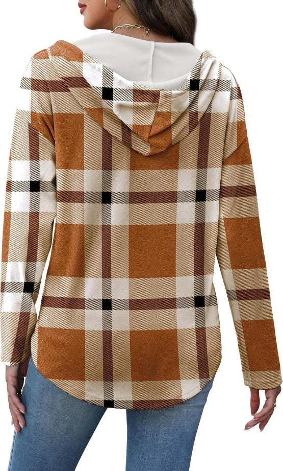 Women's Plaid Hooded Pullover Top for Autumn Winter