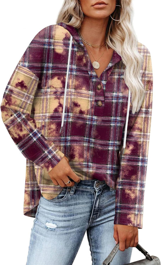 Women's Plaid Hooded Pullover Top for Autumn Winter