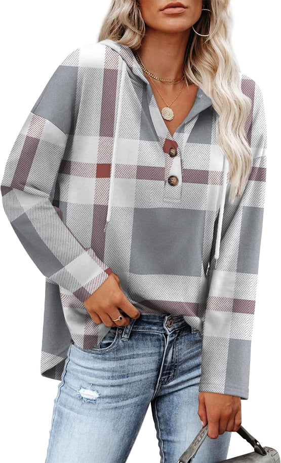 Women's Plaid Hooded Pullover Top for Autumn Winter