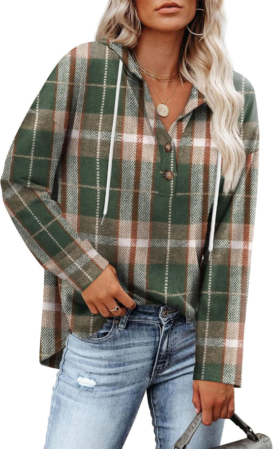 Women's Plaid Hooded Pullover Top for Autumn Winter