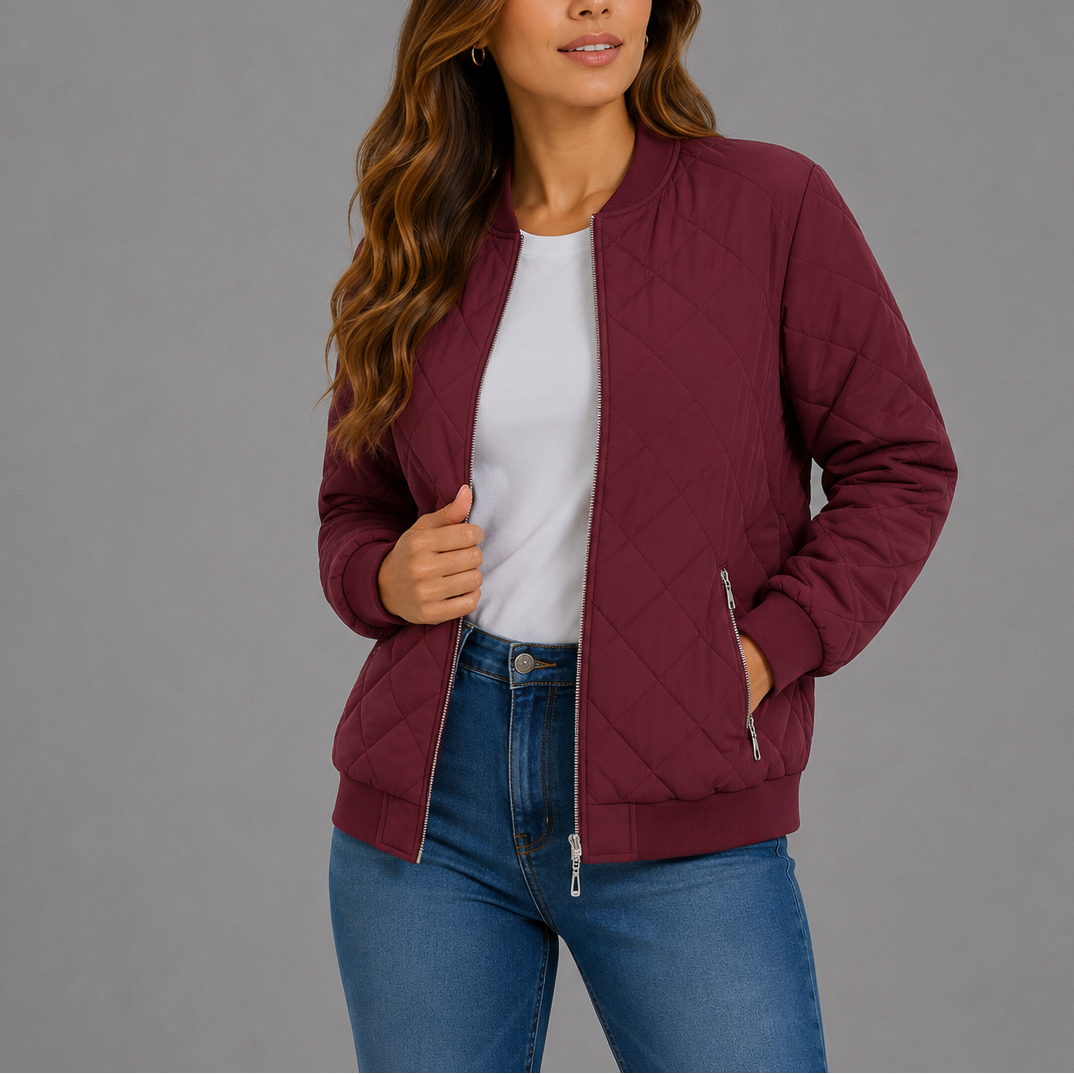 Women's Quilted Bomber Jacket for Spring Autumn Wear