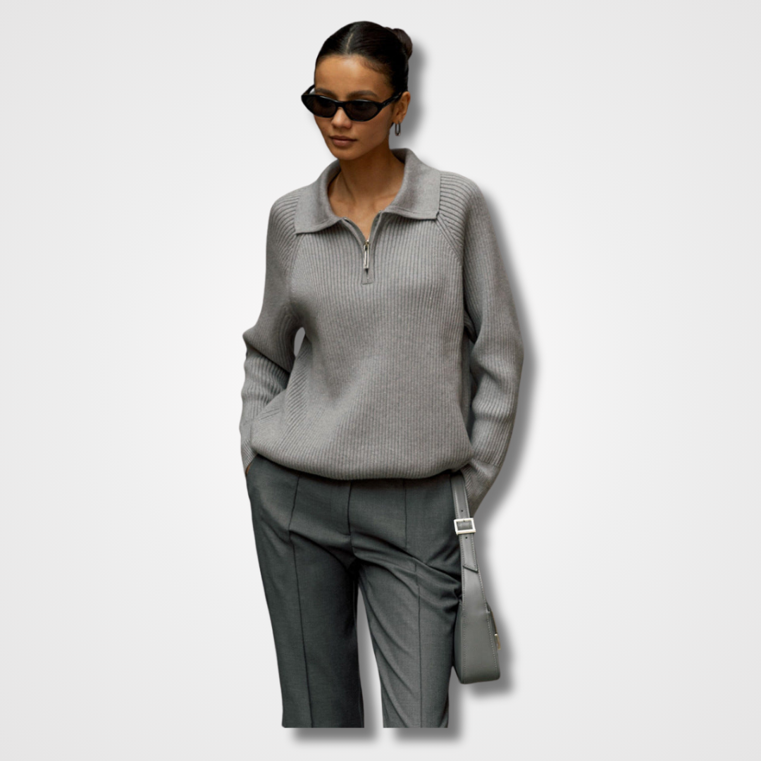 Women's Ribbed Quarter-Zip Collared Sweater for Everyday Wear