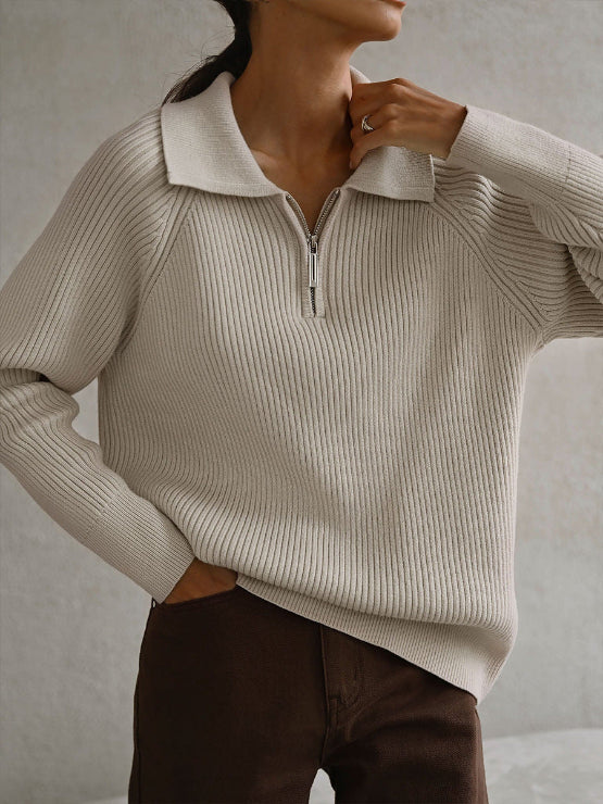 Women's Ribbed Quarter-Zip Collared Sweater for Everyday Wear
