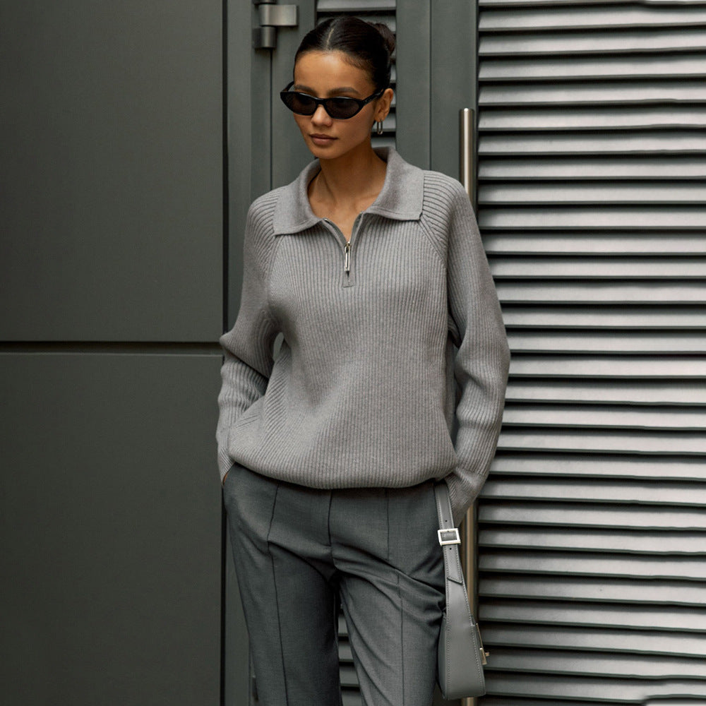 Women's Ribbed Quarter-Zip Collared Sweater for Everyday Wear