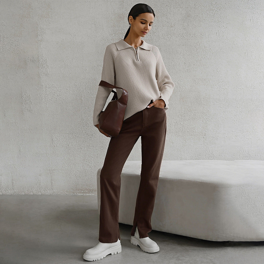 Women's Ribbed Quarter-Zip Collared Sweater for Everyday Wear