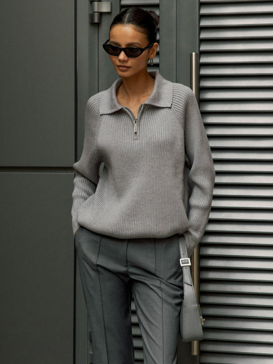 Women's Ribbed Quarter-Zip Collared Sweater for Everyday Wear
