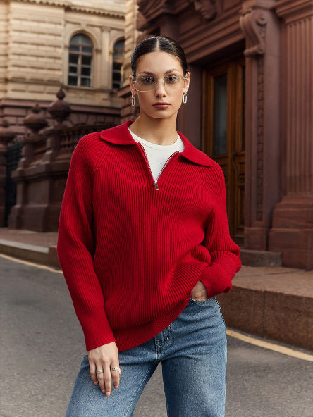 Women's Ribbed Quarter-Zip Collared Sweater for Everyday Wear