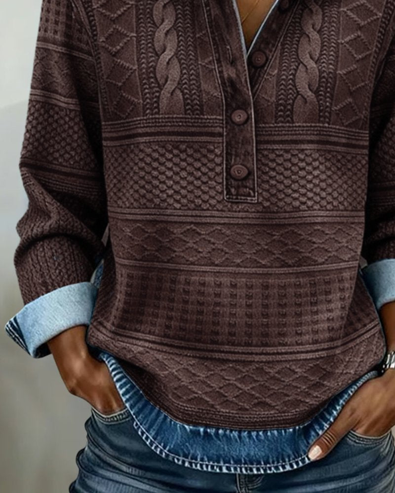 Women's Textured Collared Button Pullover Sweater for Autumn