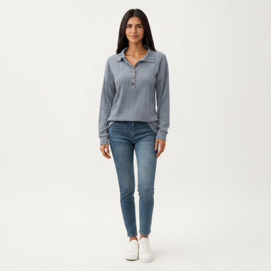 Women's Textured Collared Sweater for Autumn Winter Wear