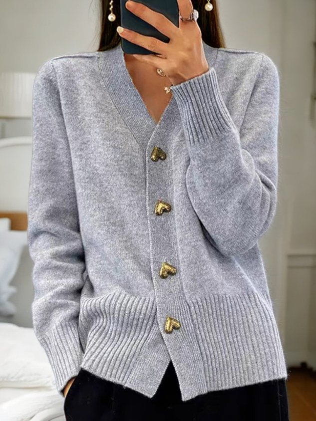 Women's V-Neck Button Front Heart Accent Knit Cardigan