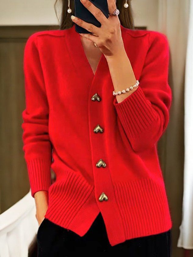 Women's V-Neck Button Front Heart Accent Knit Cardigan