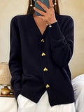 Women's V-Neck Button Front Heart Accent Knit Cardigan