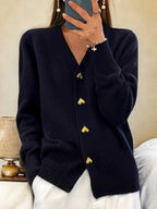 Women's V-Neck Button Front Heart Accent Knit Cardigan