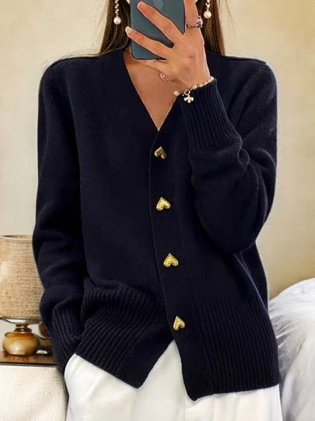 Women's V-Neck Button Front Heart Accent Knit Cardigan
