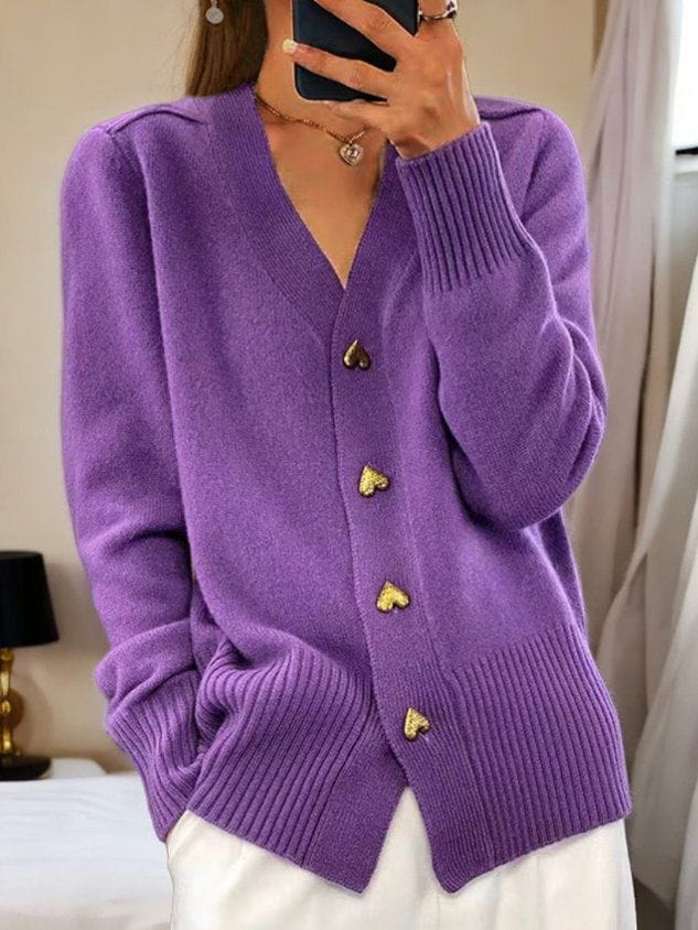 Women's V-Neck Button Front Heart Accent Knit Cardigan