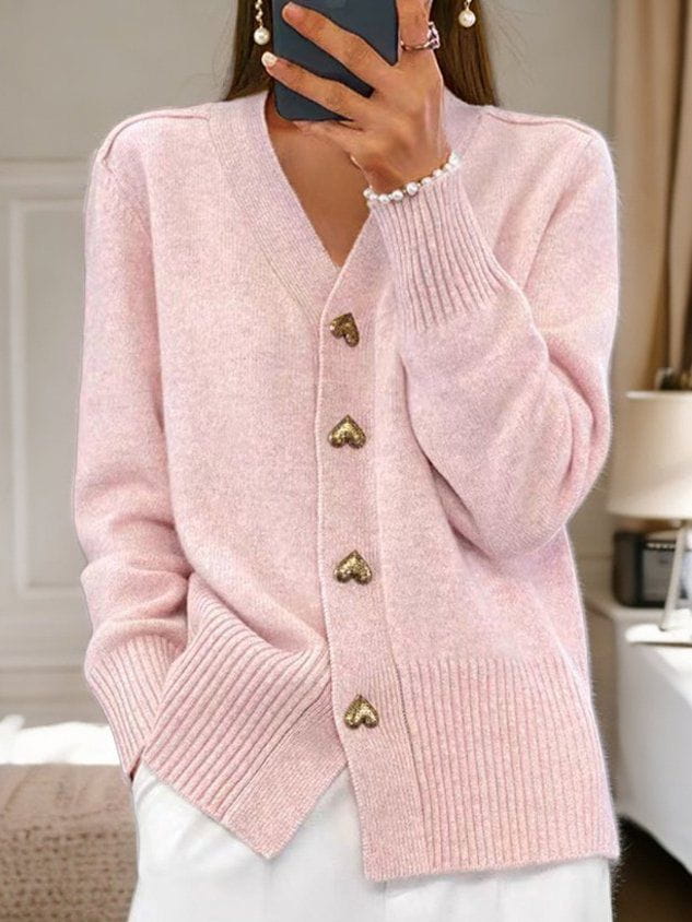 Women's V-Neck Button Front Heart Accent Knit Cardigan