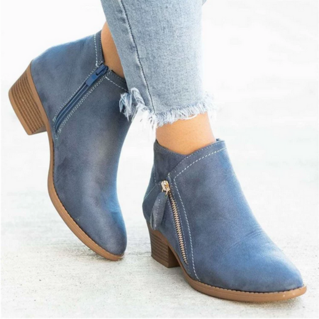 Women's Ankle Boots with Diagonal Side Zip, Blue – side view on foot