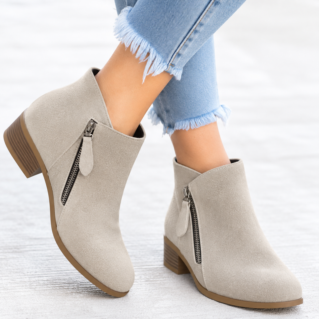 Women's Ankle Boots with Diagonal Side Zip, Beige – front view