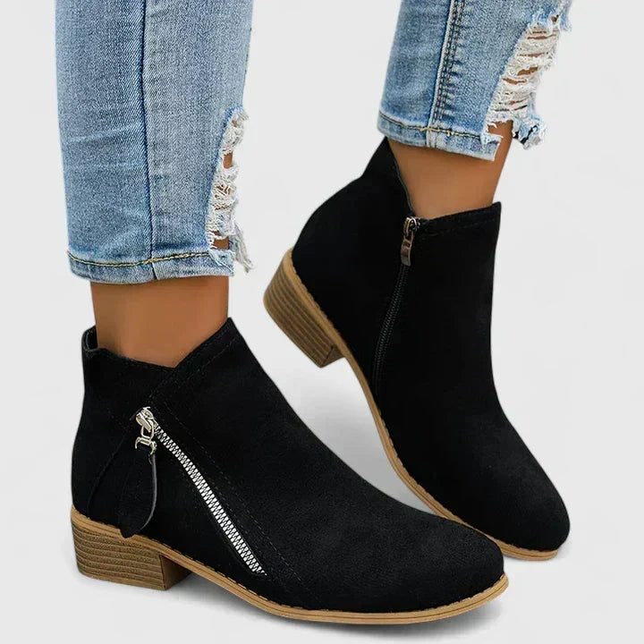 Women's Ankle Boots with Diagonal Side Zip, Black – angled view