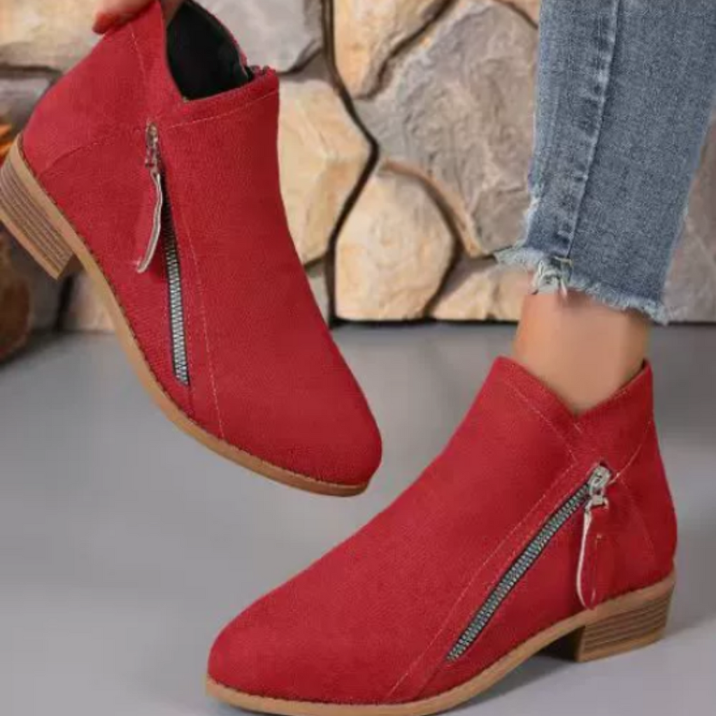Women's Ankle Boots with Diagonal Side Zip, Red – outdoor view