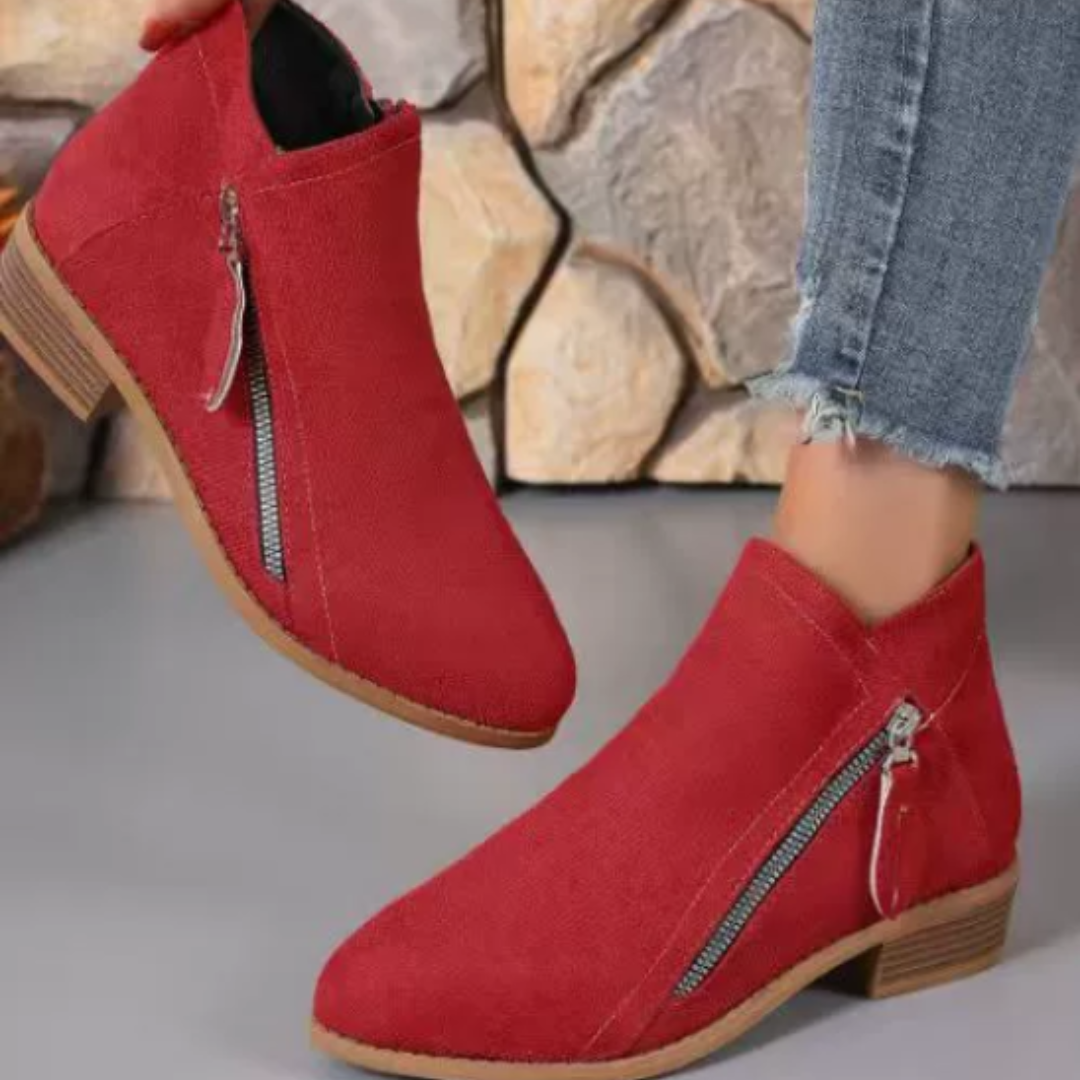 Women's Ankle Boots with Diagonal Side Zip, Red – outdoor view