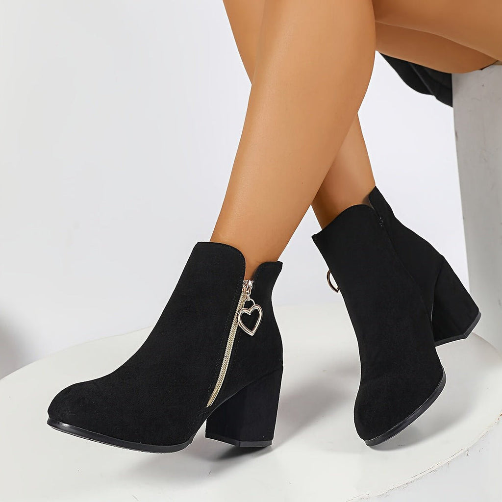Women's Black Ankle Boots with Block Heel, Black – zip side view