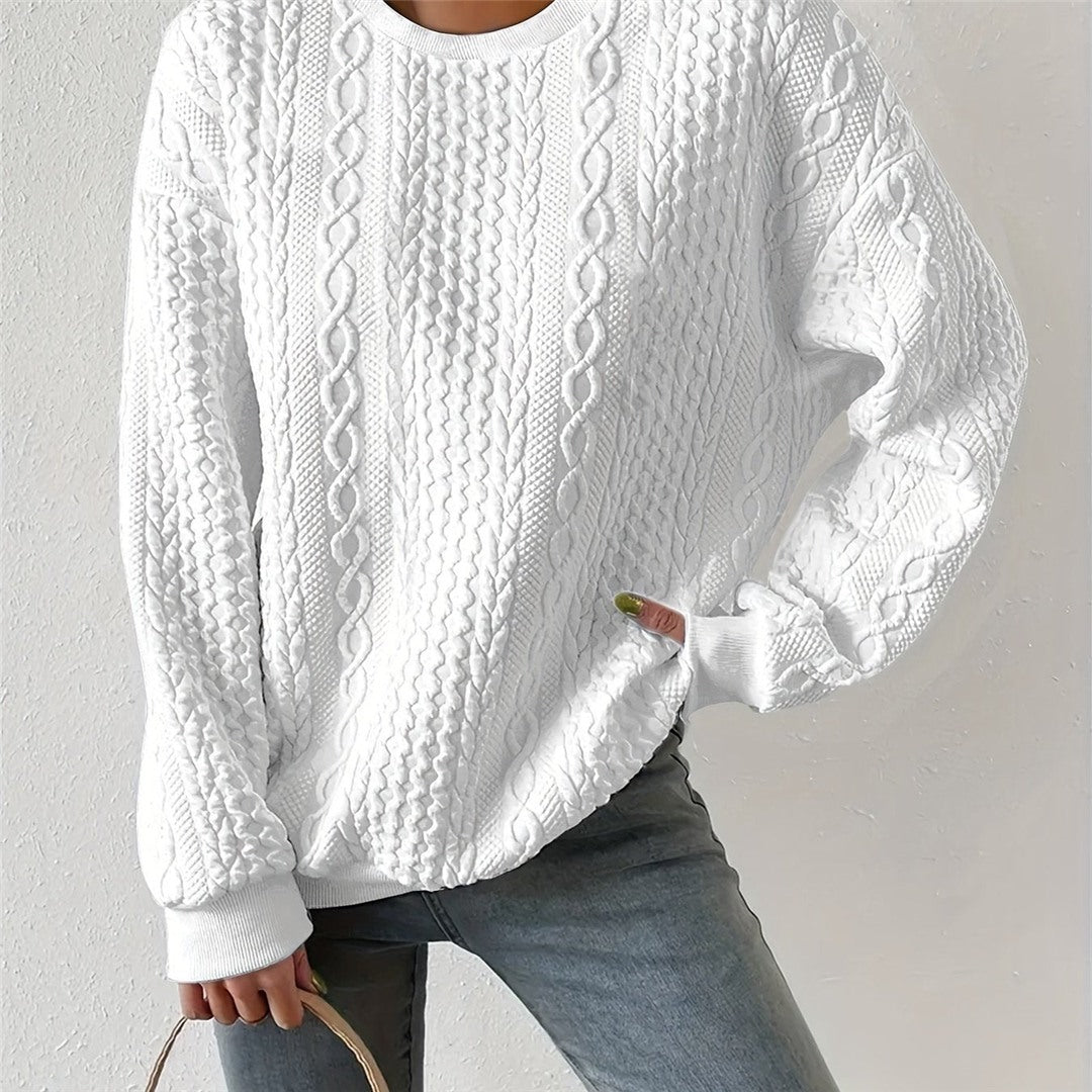 Women's Cable Pattern Round Neck Sweater, White – front view