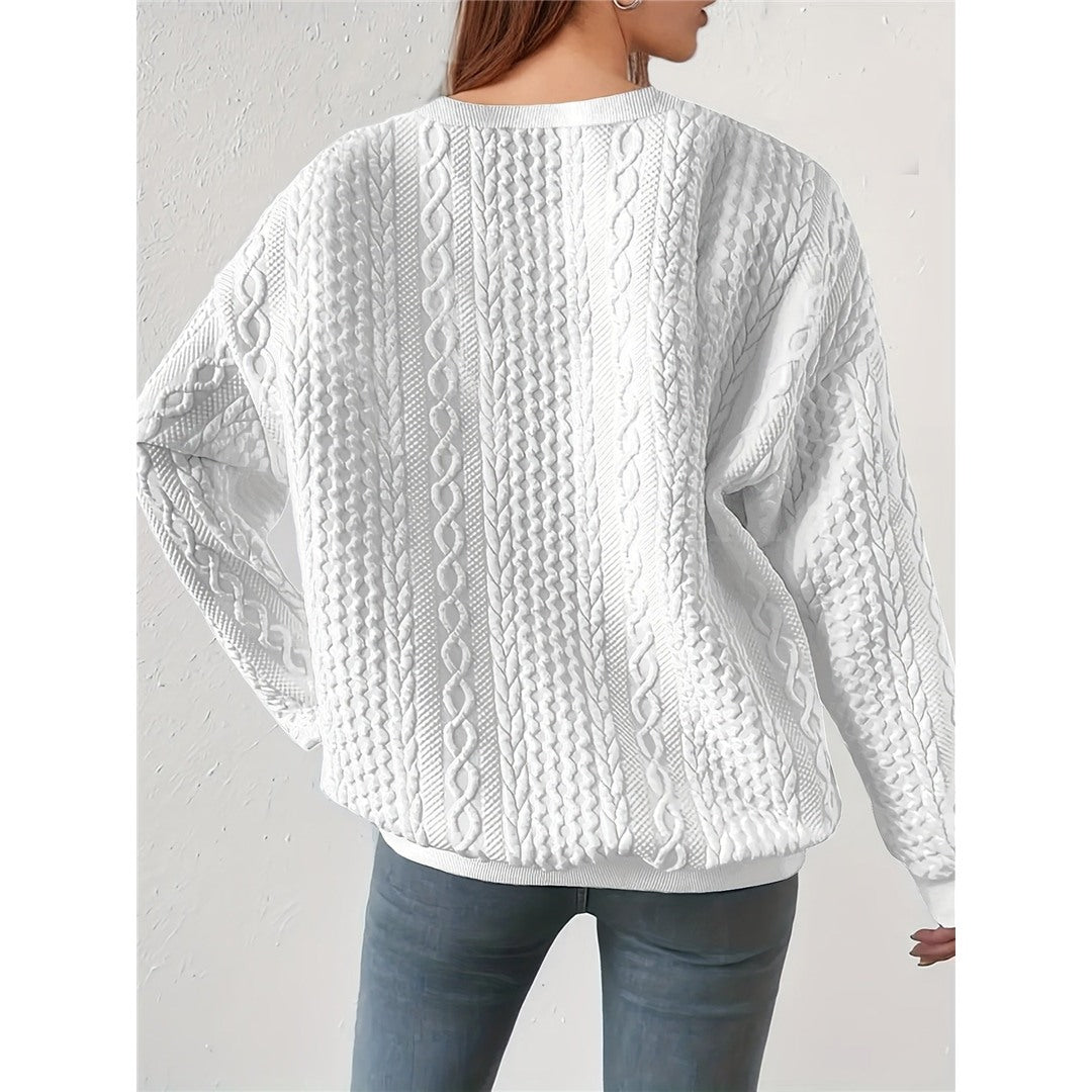 Women's Cable Pattern Round Neck Sweater, White – view 2
