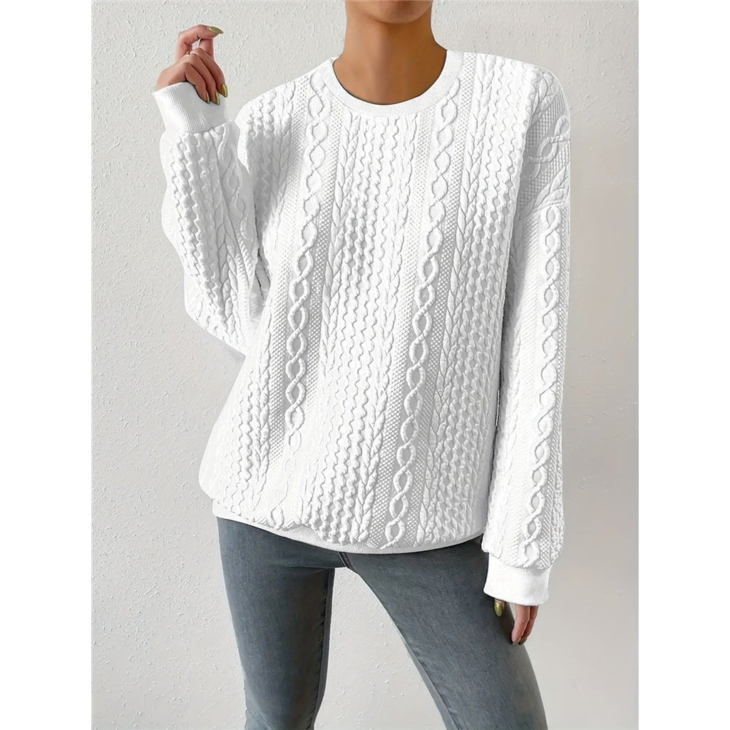 Women's Cable Pattern Round Neck Sweater, White – view 3