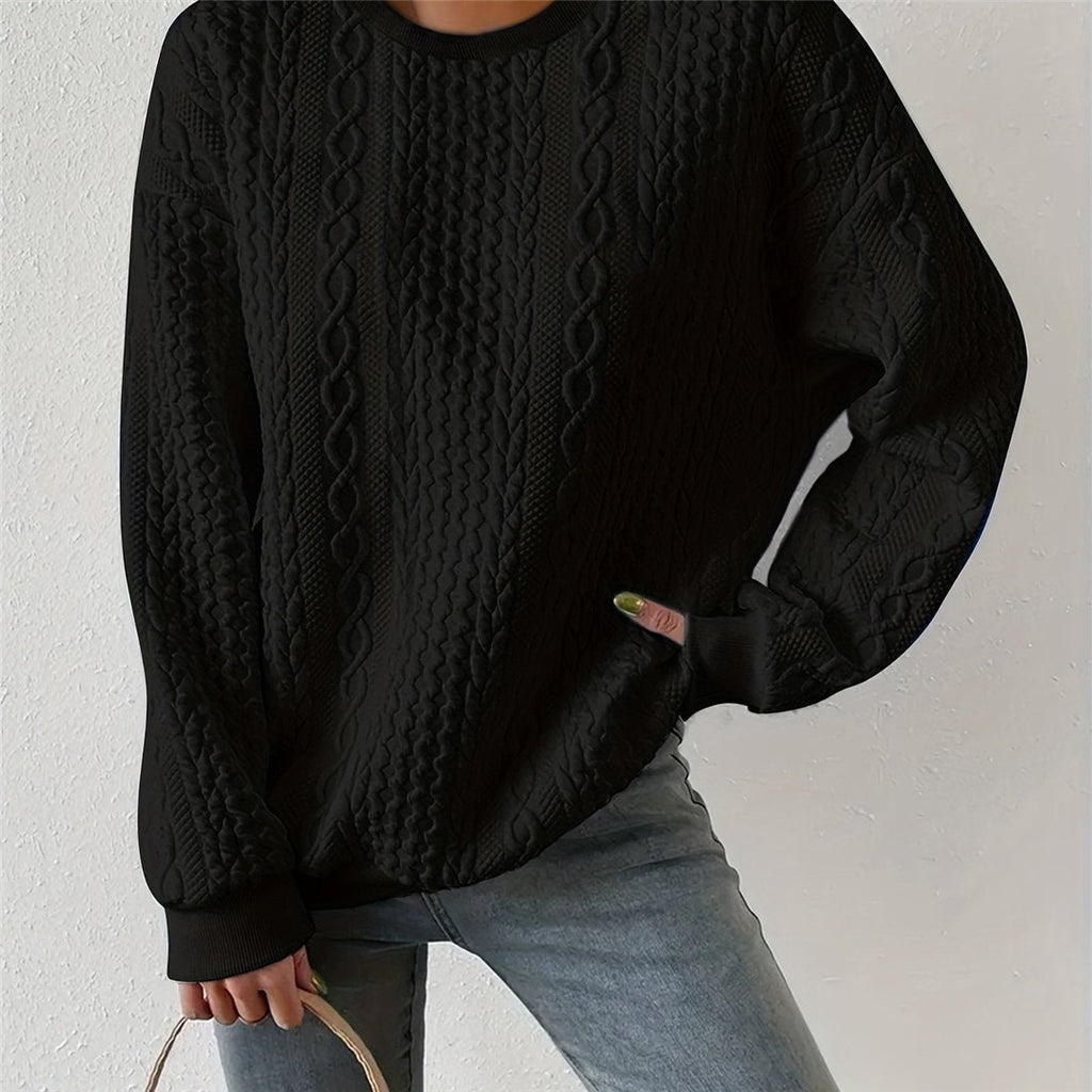 Women's Cable Pattern Round Neck Sweater, Black – front view