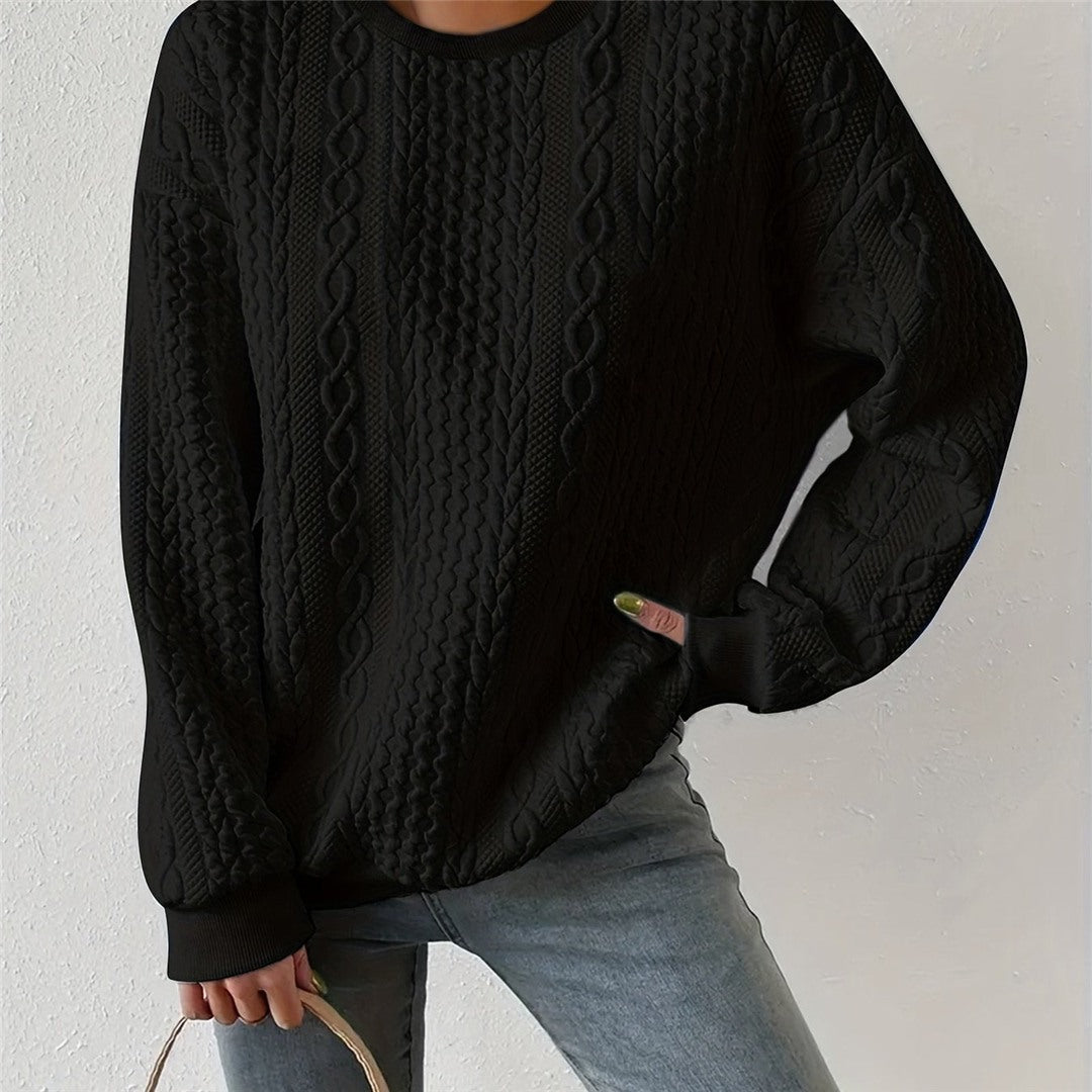 Women's Cable Pattern Round Neck Sweater, Black – front view