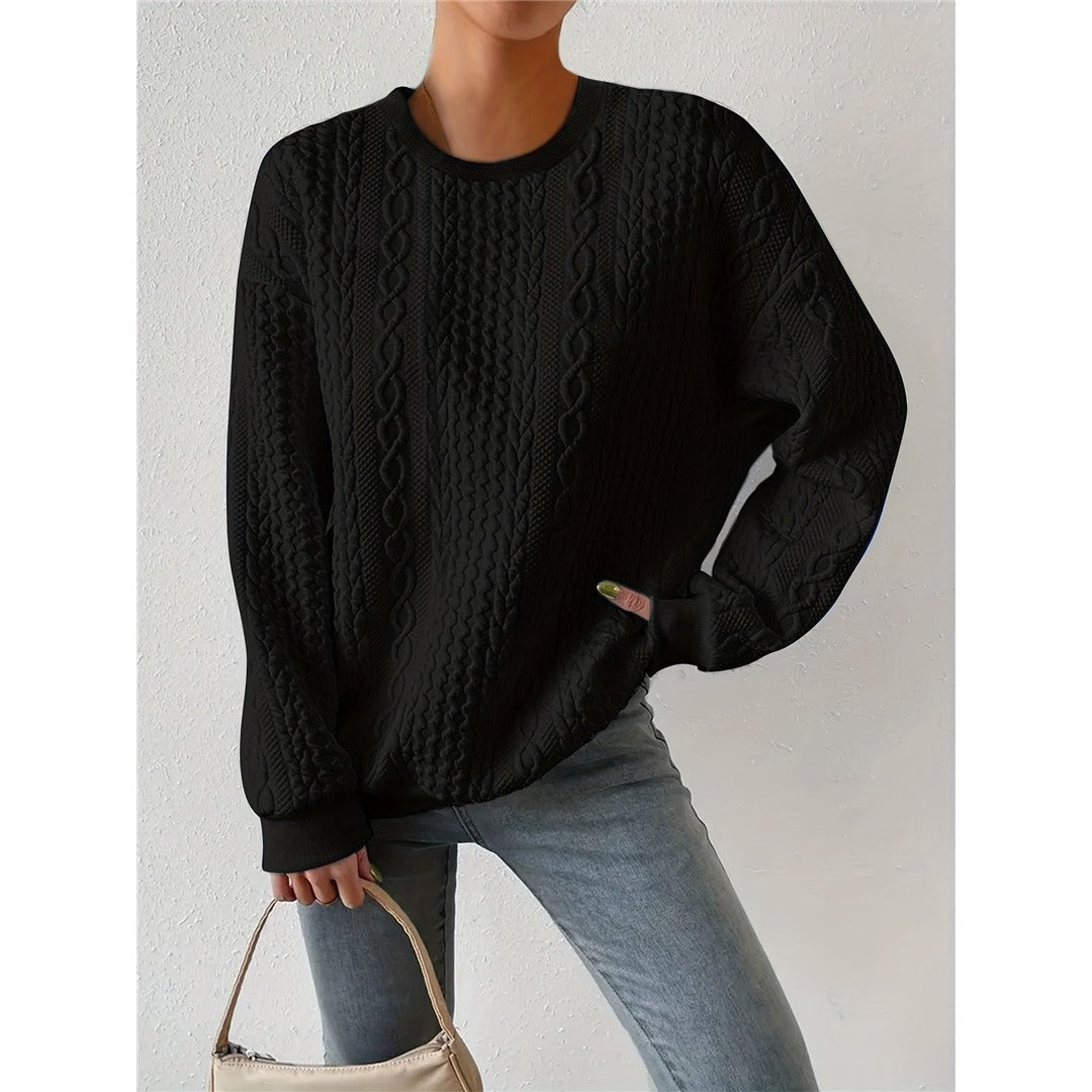 Women's Cable Pattern Round Neck Sweater, Black – view 2