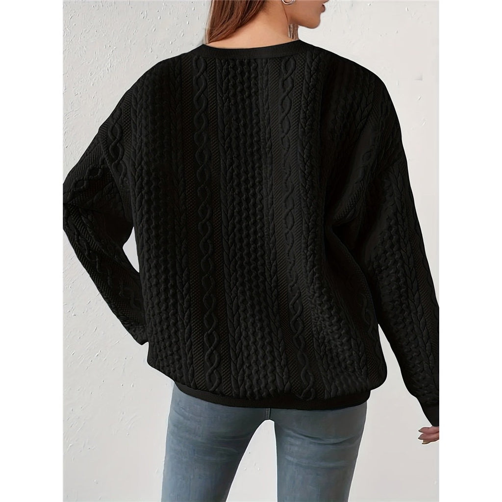 Women's Cable Pattern Round Neck Sweater, Black – view 3
