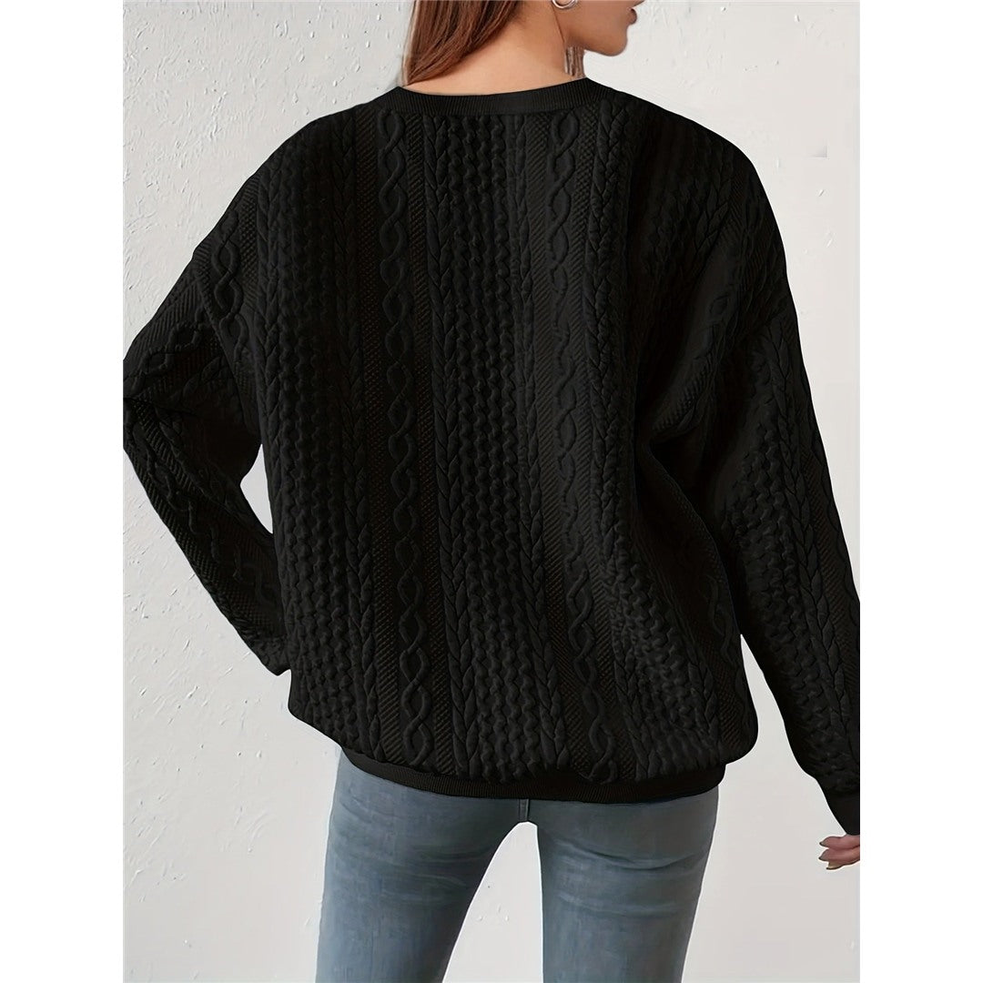 Women's Cable Pattern Round Neck Sweater, Black – view 3