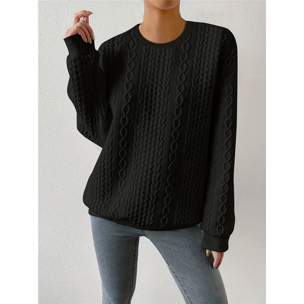 Women's Cable Pattern Round Neck Sweater, Black – view 4