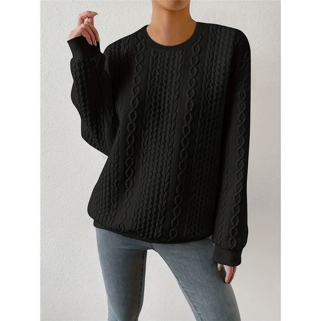 Women's Cable Pattern Round Neck Sweater, Black – view 4