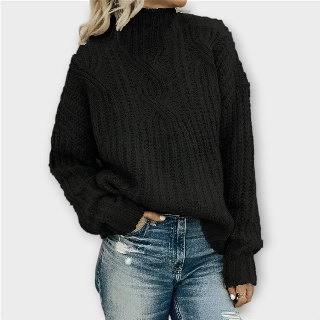 Women's Chunky Knit Turtleneck Sweater, Black – front view